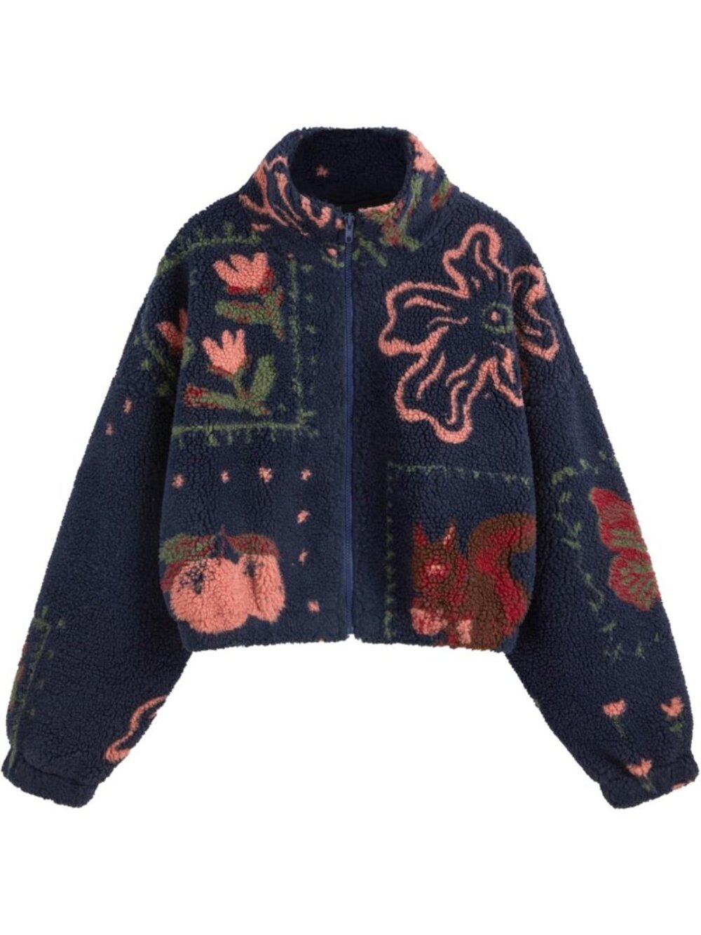 Cozy Floral Sherpa Fleece Jacket for Women - Zippered Cropped Winter Outerwear